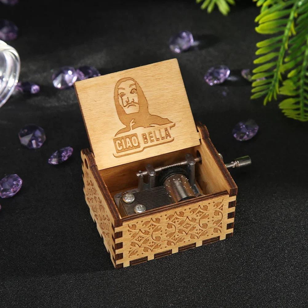 Retro Carved Wood Music Box Creative Chic Wooden Hand Cranked Music Box Home Decor Musical Box Halloween Christmas Gifts