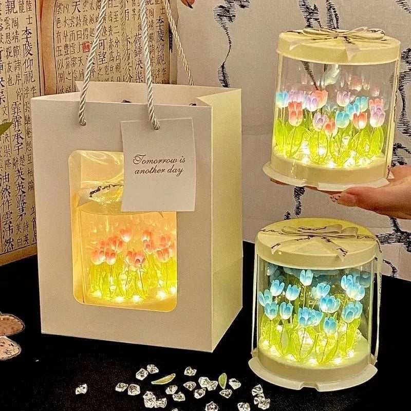 DIY Tulip Lamp Simulation Flower Sea Cake Box Bedroom Sleeping Table Lamp Handmade Craft Decor Tulips Night Light Birthday Gift