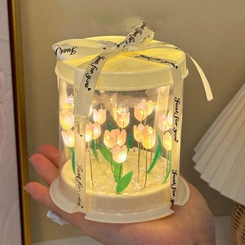 DIY Tulip Lamp Simulation Flower Sea Cake Box Bedroom Sleeping Table Lamp Handmade Craft Decor Tulips Night Light Birthday Gift