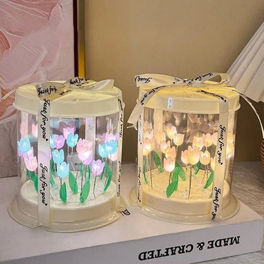 DIY Tulip Lamp Simulation Flower Sea Cake Box Bedroom Sleeping Table Lamp Handmade Craft Decor Tulips Night Light Birthday Gift