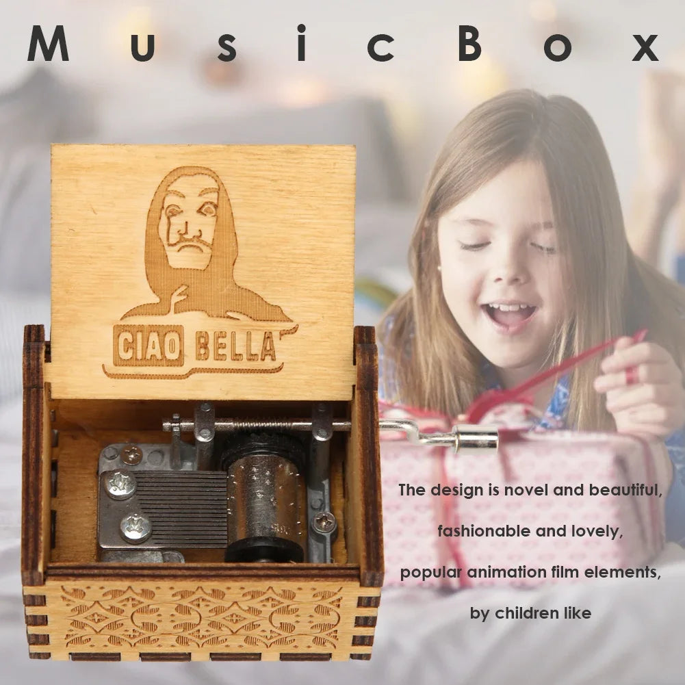 Retro Carved Wood Music Box Creative Chic Wooden Hand Cranked Music Box Home Decor Musical Box Halloween Christmas Gifts