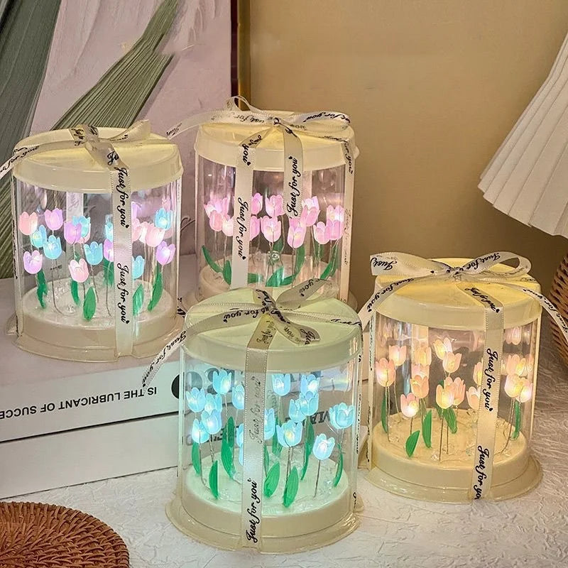 DIY Tulip Lamp Simulation Flower Sea Cake Box Bedroom Sleeping Table Lamp Handmade Craft Decor Tulips Night Light Birthday Gift