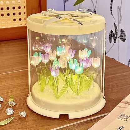 DIY Tulip Lamp Simulation Flower Sea Cake Box Bedroom Sleeping Table Lamp Handmade Craft Decor Tulips Night Light Birthday Gift