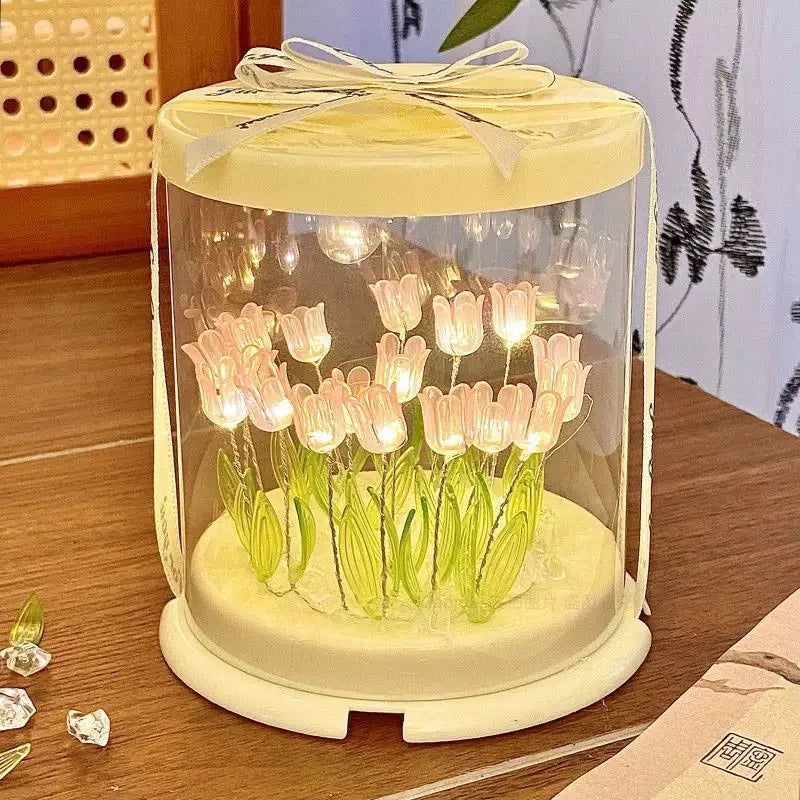 DIY Tulip Lamp Simulation Flower Sea Cake Box Bedroom Sleeping Table Lamp Handmade Craft Decor Tulips Night Light Birthday Gift