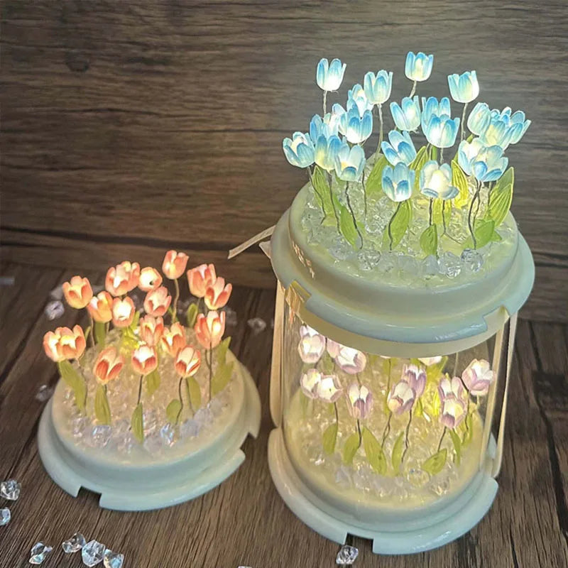 DIY Tulip Lamp Simulation Flower Sea Cake Box Bedroom Sleeping Table Lamp Handmade Craft Decor Tulips Night Light Birthday Gift