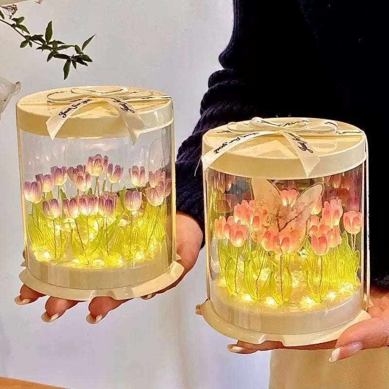 DIY Tulip Lamp Simulation Flower Sea Cake Box Bedroom Sleeping Table Lamp Handmade Craft Decor Tulips Night Light Birthday Gift