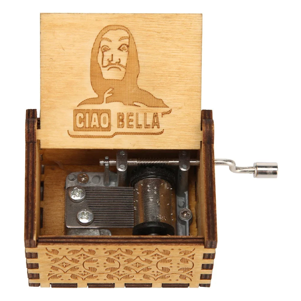Retro Carved Wood Music Box Creative Chic Wooden Hand Cranked Music Box Home Decor Musical Box Halloween Christmas Gifts