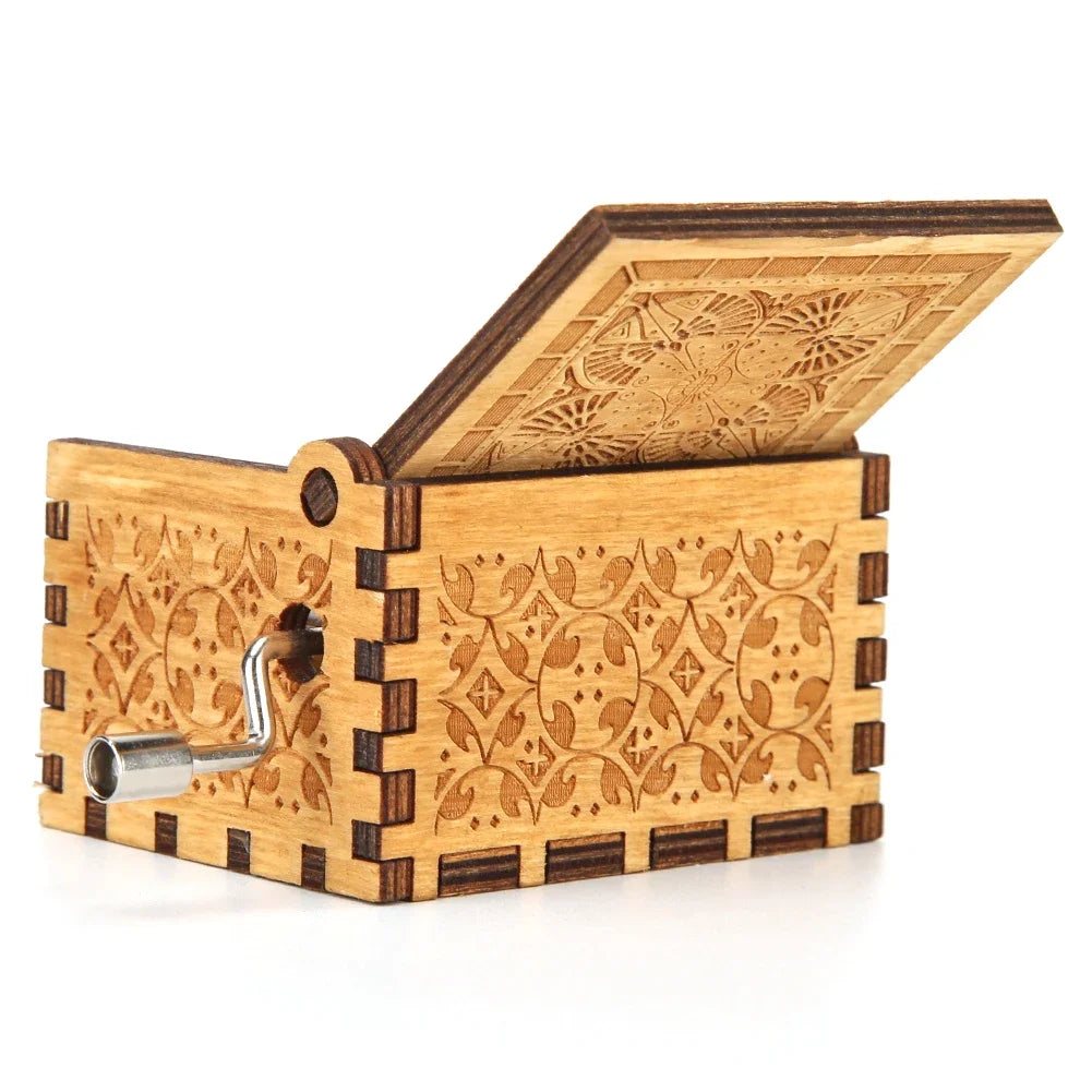 Retro Carved Wood Music Box Creative Chic Wooden Hand Cranked Music Box Home Decor Musical Box Halloween Christmas Gifts