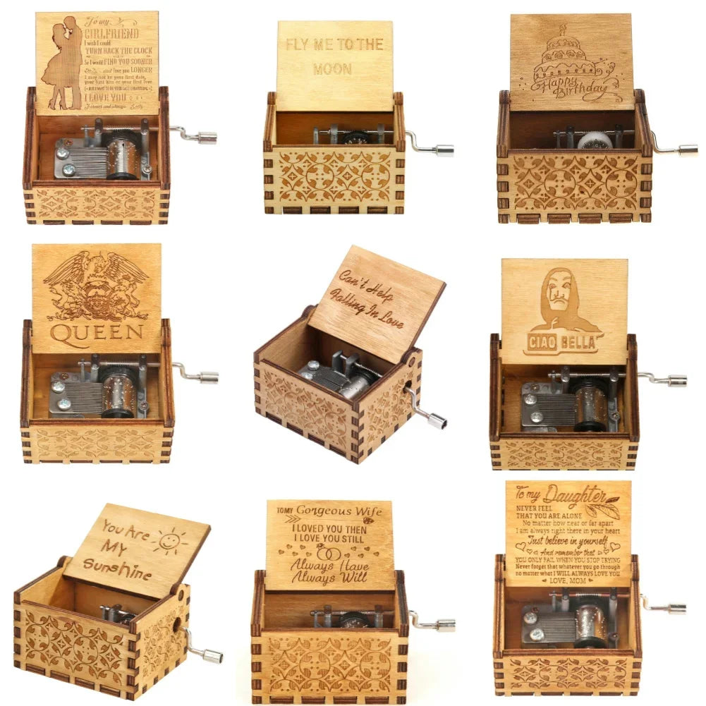 Retro Carved Wood Music Box Creative Chic Wooden Hand Cranked Music Box Home Decor Musical Box Halloween Christmas Gifts